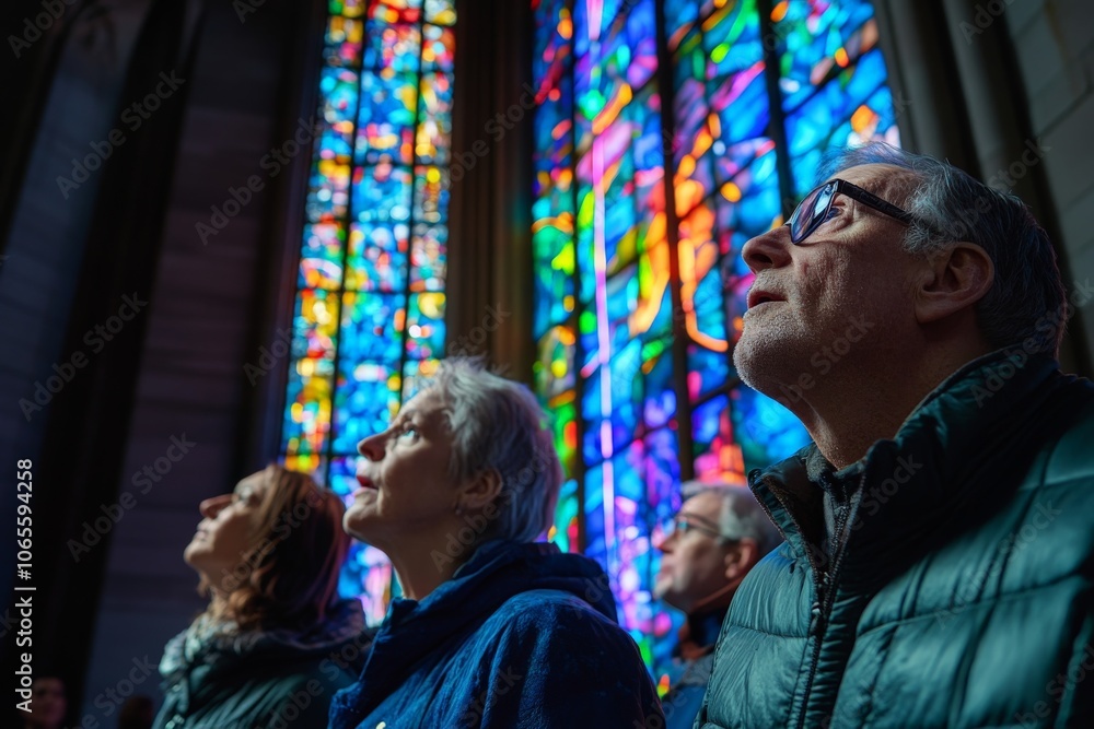 Obraz premium A group of individuals fascinated by the colorful stained glass within a cathedral, showcasing the enchanting play of light and the timeless elegance of stained glass art.