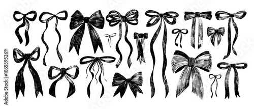 Crayon drawn ribbons and bows vector illustration collection. Coquette style bows drawing, aesthetic elegant girly ribbons. Elegant vintage cliparts. Hand drawn art girly decor. Sketch style drawing.