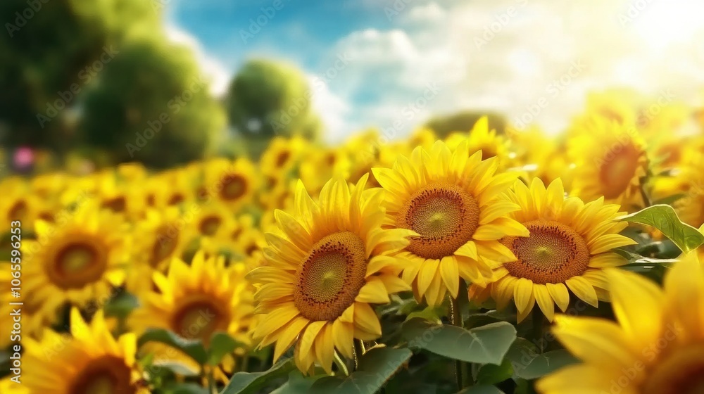 Fototapeta premium Sunflowers basking in the warm glow of a sunny day, stretching towards the sky, AI