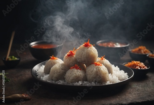 Tokpokki rice dumplings served with spicy sauce on a black background. Generative AI photo