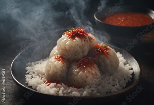 Tokpokki rice dumplings served with spicy sauce on a black background. Generative AI photo