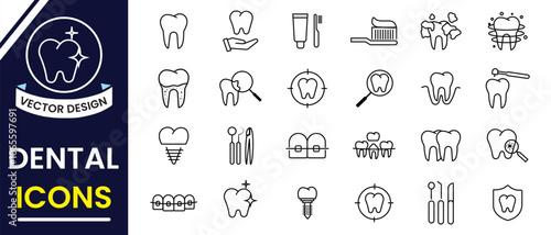 Dental icon, vector set. Dental icon set of line art. Toothpaste, toothbrush, teeth,  treatment, cleaning, dentist. Dental health related icons. Vector illustration.