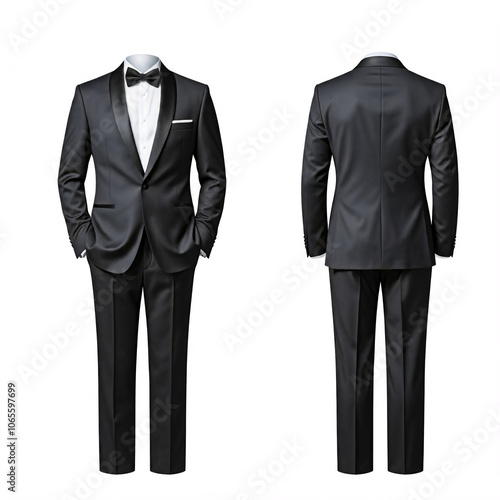 black tuxedo suit man front and back view isolated white background photo