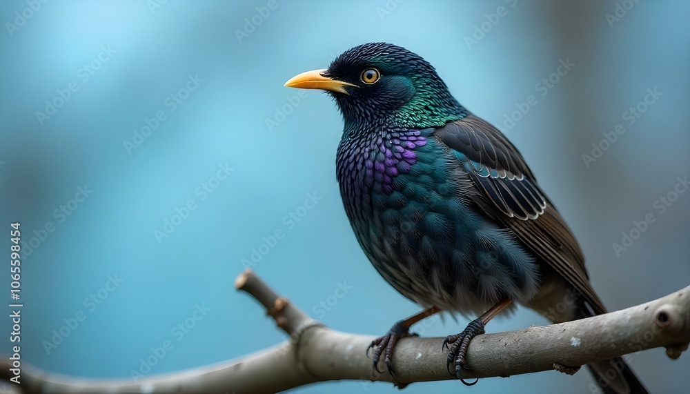 Close-up of a Common Starling on a branch displaying iridescent green and purple feathers a blue sky Close-up of a Common Starling on a branch displaying iridescent green and purple feathers a blue sky