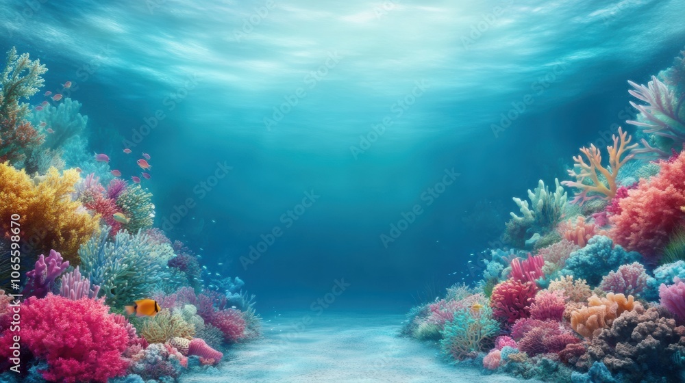 Obraz premium Vibrant coral reef teeming with colorful marine life beneath clear ocean waters, AI