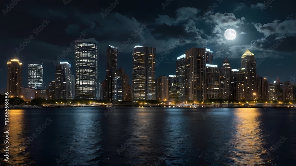 Fototapeta premium A very beautiful night view in the city sky with a full moon and clouds 