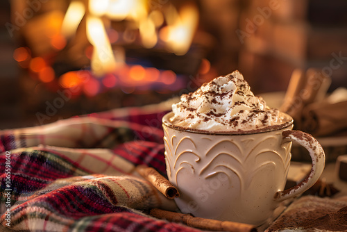 Wallpaper Mural Mug of hot chocolate with whipped cream and cocoa powder in rustic setting by fireplace Torontodigital.ca
