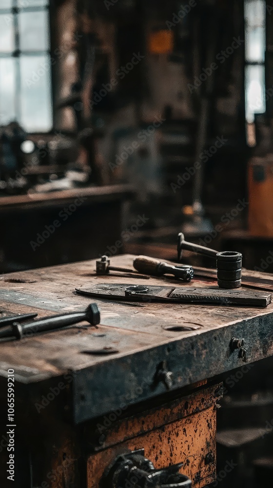 Captivating View of Iron Tools on Wooden Tabletop Captivating View of Iron Tools on Wooden Tabletop