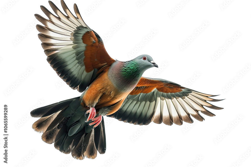 Fototapeta premium Close Up Of Beautiful Chestnut Naped Imperial Pigeon Flying By Flaps The Wings On Transparent Background 