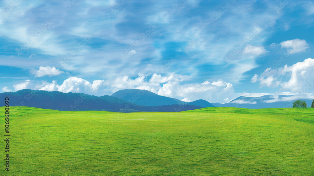 Fototapeta premium Beautiful green grass field with a blue sky and mountains