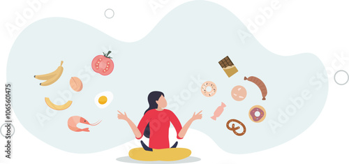 Food balance as healthy eating diet proportion to junk.Choose vegetables and fruits with vitamins for weight loss and wellness.flat characters.