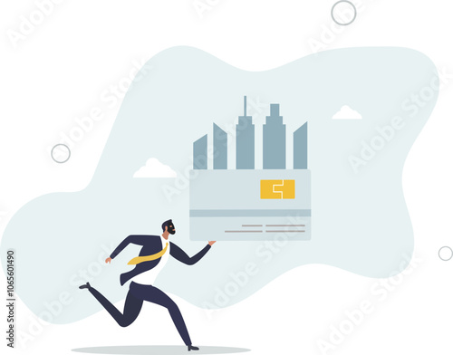 Credit card theft .man stealing personal data and identity in bank, criminal running down city.flat characters.