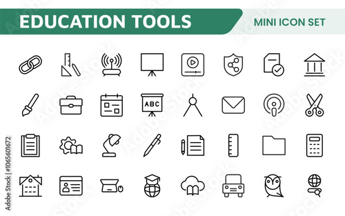 Education Tools Icon Set. Engaging and versatile icons for learning apps, classrooms, and online courses, perfect for enhancing educational resources and making learning fun and accessible.