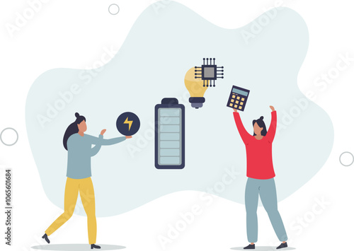 Business idea, success project generation.work battery and light bulb to generate creative innovation and new alternative solutions.flat characters.