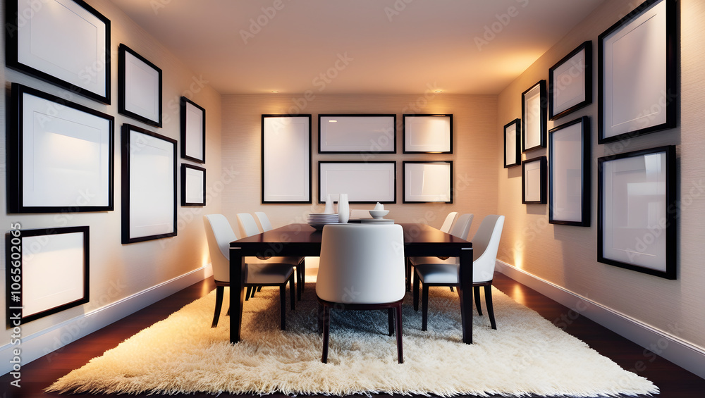 Fototapeta premium Modern meeting room interior with mockup blank picture frames on walls. Light colors, 3D Rendering