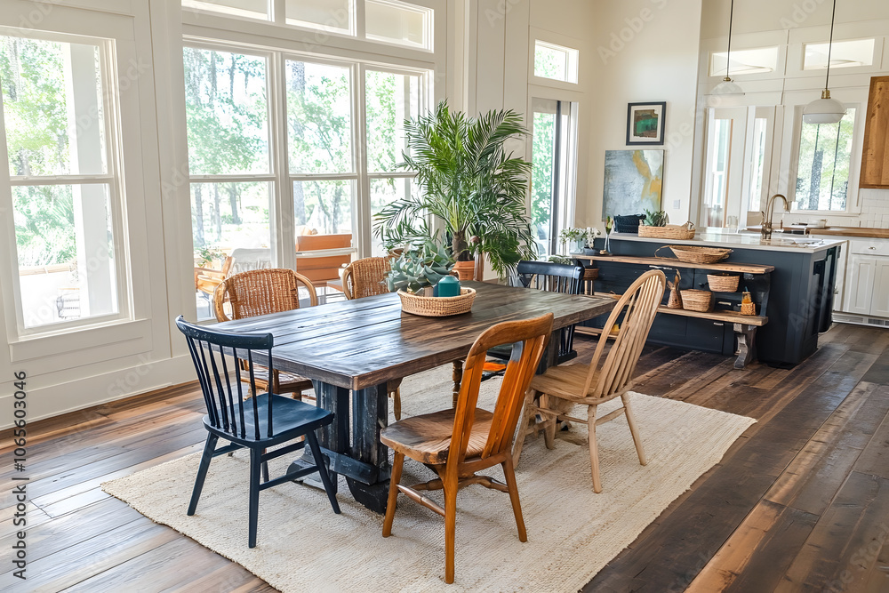 Obraz premium Spacious dining area featuring a rustic wooden table with a mix of eclectic chairs, surrounded by greenery and natural light from large windows, creating a cozy ambiance.