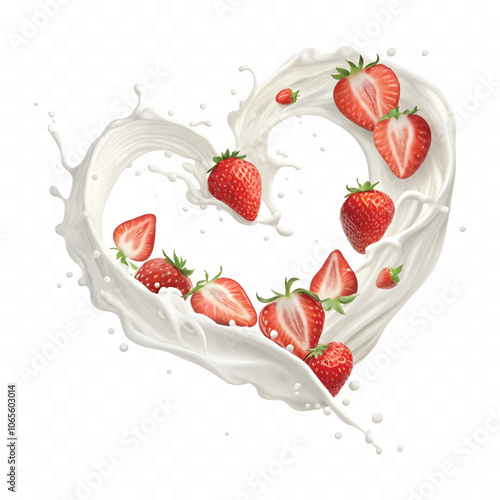 abstract 3d vector milk or yogurt splash with strawberries into the love circle isolated on white background