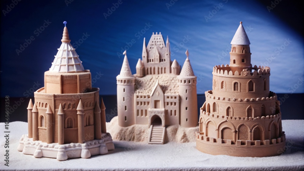 Obraz premium Sandcastle Dreams A Detailed 3D-Printed Miniature Ensemble Against a Blue Sky