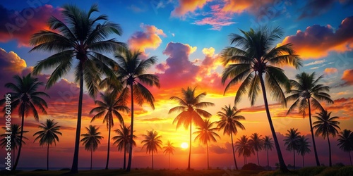 Silhouetted Palm Trees Against a Vibrant Sunset Sky - A tropical paradise with fiery hues and a sense of peace