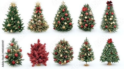 A collection of Christmas trees with red and gold ornaments