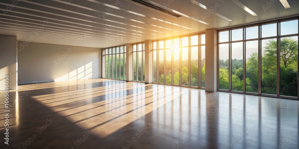 Fototapeta premium Sunlight Streaming Through Window Panels onto Empty Room Floor