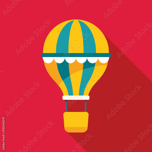 Yellow and teal hot air balloon with basket floating against a vibrant red backdrop, representing adventure, travel, and exploration