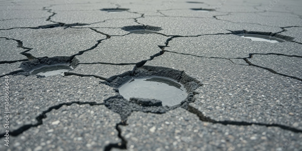 Obraz premium A close-up view of a cracked and weathered asphalt surface with small pools of water collected in the crevices