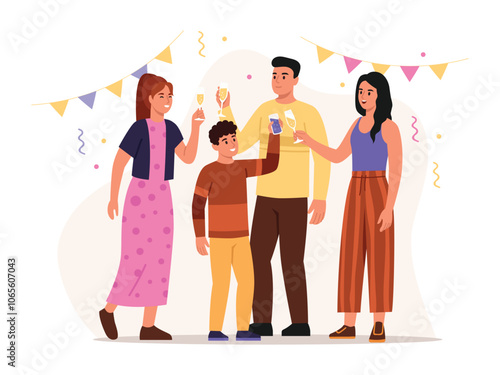 Vector illustration of a group of young people at a holiday party. Cartoon scene of man and women, boy, having fun celebrating, with glasses of drinks, garland, streamer isolated on white background.