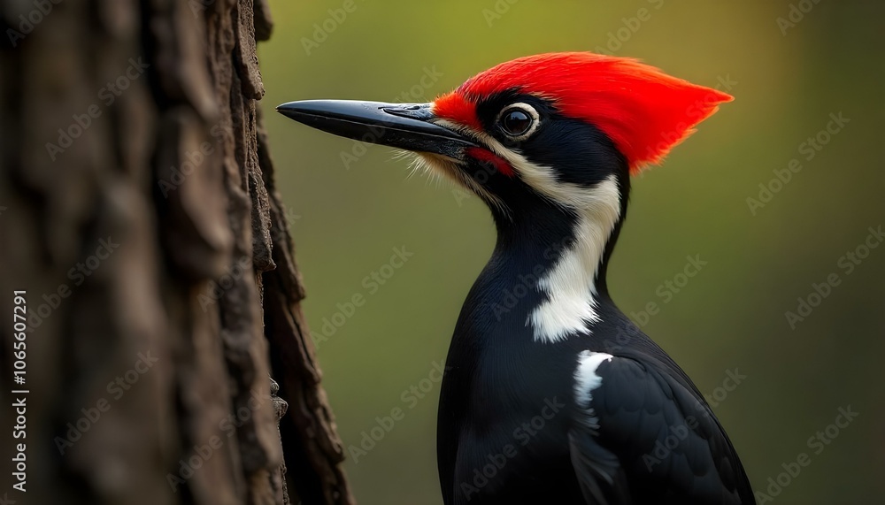 Fototapeta premium Close-up of red-headed woodpecker perched on tree branch against blurred green background