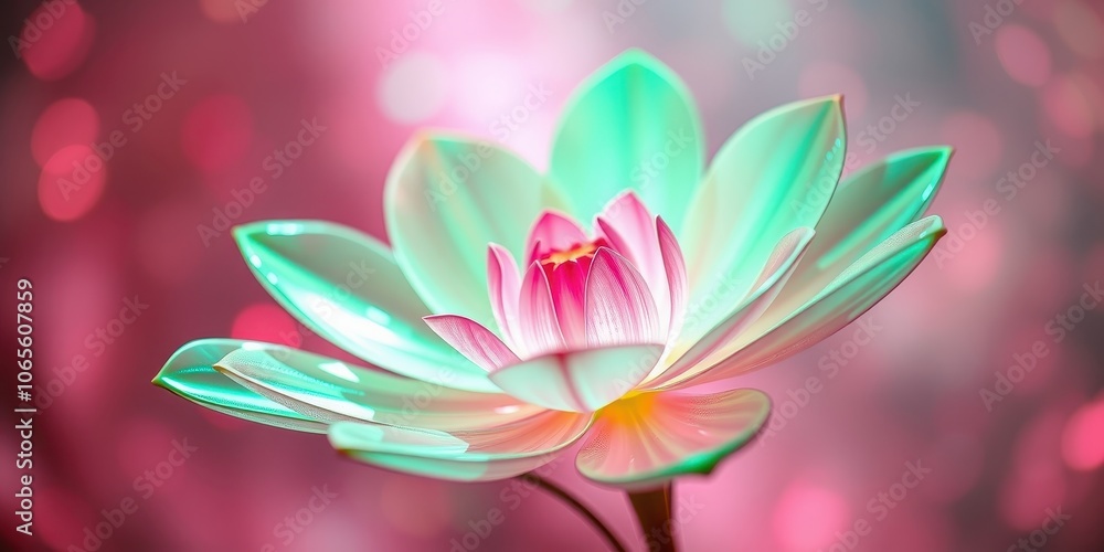 A delicate lotus flower with pastel green petals and a vibrant pink center, set against a soft pink and white background. A delicate lotus flower with pastel green petals and a vibrant pink center, set against a soft pink and white background.