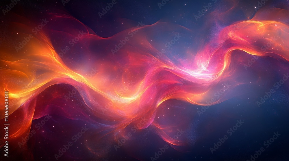 Obraz premium Abstract swirling light streaks in red, orange, and yellow against a dark blue background with sparkling dust.