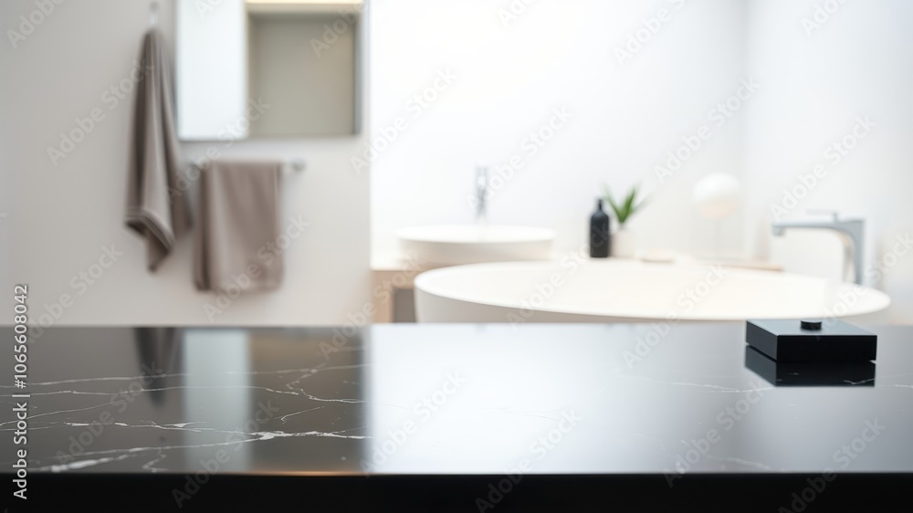 Fototapeta premium Sleek Black Countertop in a Modern Bathroom with a White Tub and a Single Towel Hanging