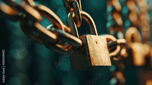 Closeup view of a locked metal chain and padlock symbolizing security protection and restricted access on a dark moody background