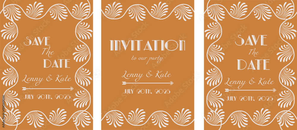 Naklejka premium Vintage luxury invitation card with white Art Deco frame vector design. Gatsby Style design 