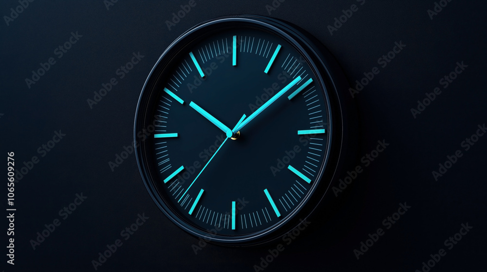 Close-up of a modern wall clock with glowing blue hands and markers on a dark background creating a minimalist design. Close-up of a modern wall clock with glowing blue hands and markers on a dark background creating a minimalist design.