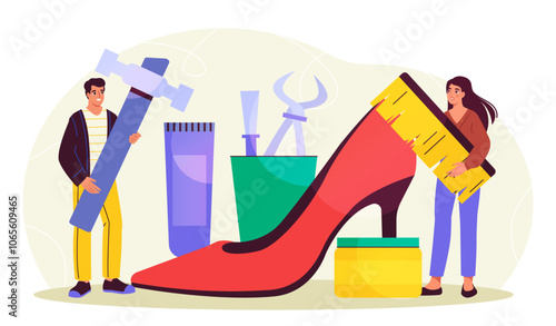 Team of shoemakers. Man and woman near huge red shoe. Bootmakers with equipment. Handmade and handicraft. Workers with repair of shoes. Flat vector illustration