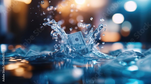 Splashing Money   Dynamic Financial Wealth and Success Concept with Dollar Bills Underwater in Splashing Water Waves and Ripples photo