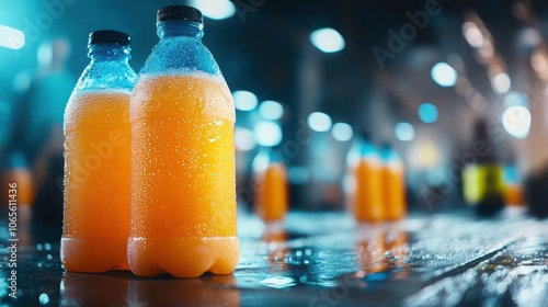 Vibrant and refreshing fruit juices or lemonades in transparent chilled bottles with glistening condensation drips and watery blur in the background signifying a thirst quenching healthy photo