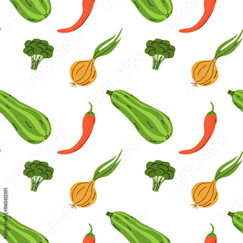 Colorful pattern of vegetables including zucchini, broccoli, and onions on a white background