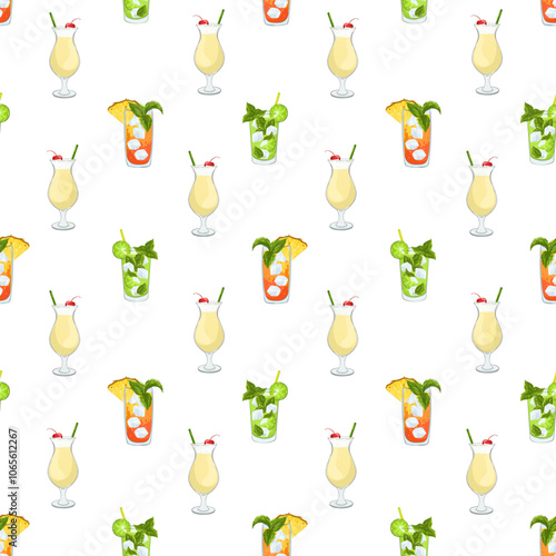 Cocktails vector seamless pattern on white background. Summer bright design with mojito, pina colada, mai tai. Hand drawn print for wallpaper, website background, wrapping paper, fabric