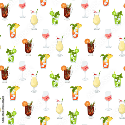Cocktails vector seamless pattern on white background. Summer bright design with mojito, pina colada, champagne, mulled wine, mai tai. Hand drawn print for wallpaper, wrapping paper, fabric