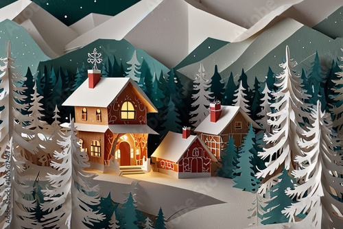 Layered Paper Cut Christmas Scene with Pine Trees and Mountains