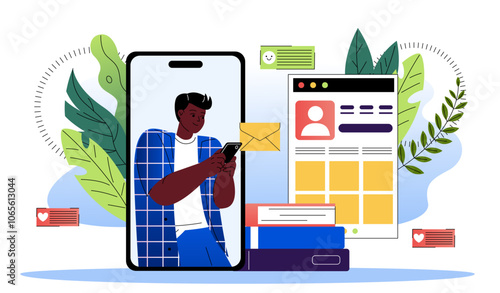 Social media content. Boy with smartphone in his hands sends messages. Communication and interaction in instant messengers. Chat and dialogue. Flat vector illustration