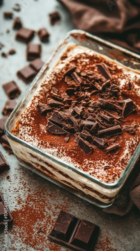 Decadent Tiramisu with Cocoa Powder and Chocolate Toppings photo