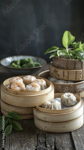 Delectable Shrimp Dumplings in Bamboo Steamer photo