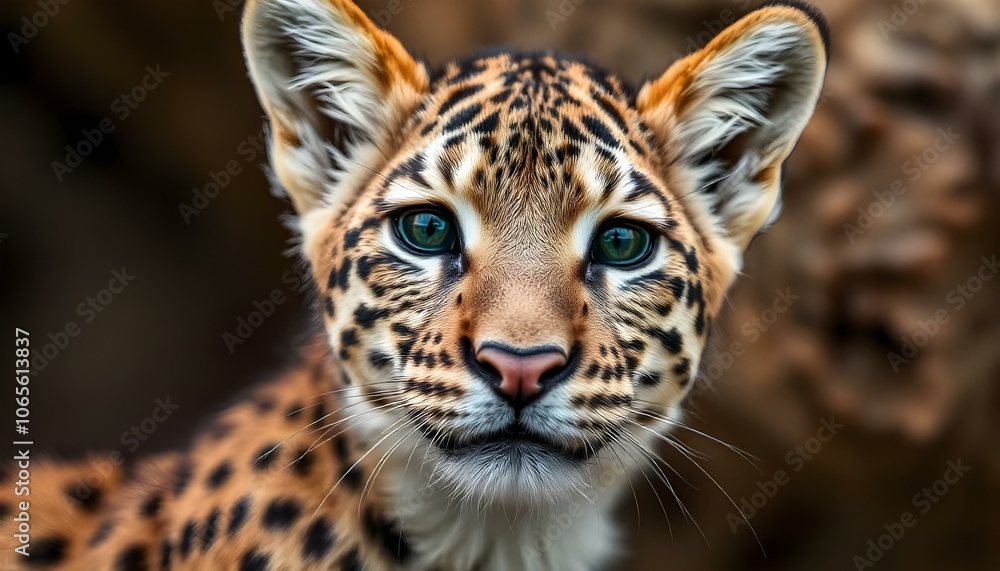 Obraz premium A close-up portrait of a young leopard with striking blue eyes and a spotted, tawny-colored face