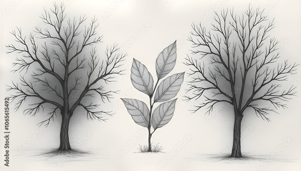 Obraz premium Black and white botanical drawing featuring two barren trees and a central foliage illustration with shadows