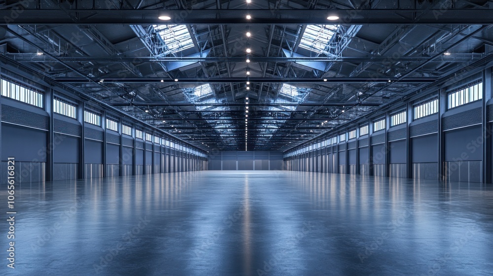 Fototapeta premium Spacious industrial warehouse with high ceilings and bright skylights.