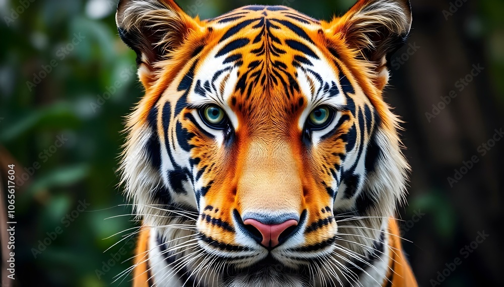 Obraz premium Wild tiger portrait emphasizing its striking stripes and green eyes with a lush jungle background.
