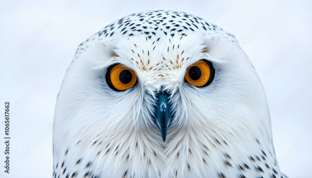 Fototapeta premium Female snowy owl with piercing yellow eyes against a pristine white snow backdrop